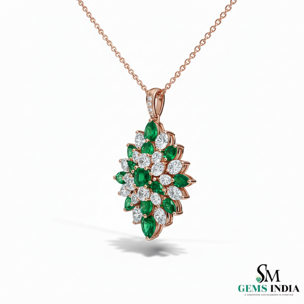 Square and Pear Natural Green Emerald Flower Burst Pendant with Moissanite Accents