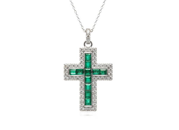 2.65 carat Square Shape Natural Emerald and Diamond Cross Pendant Necklace in 14K Gold