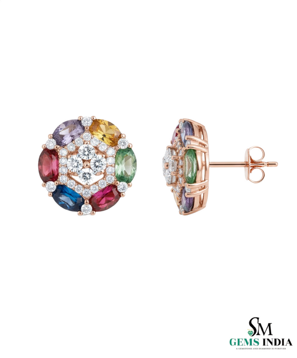 Oval shaped Rainbow Sapphire Diamond Floral Stud Earrings in14K Gold