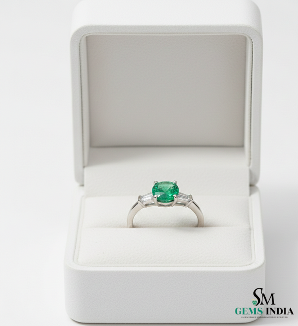 Round Cut Green Emerald Ring with Side Baguette Diamonds – Minimalist Fine Jewelry