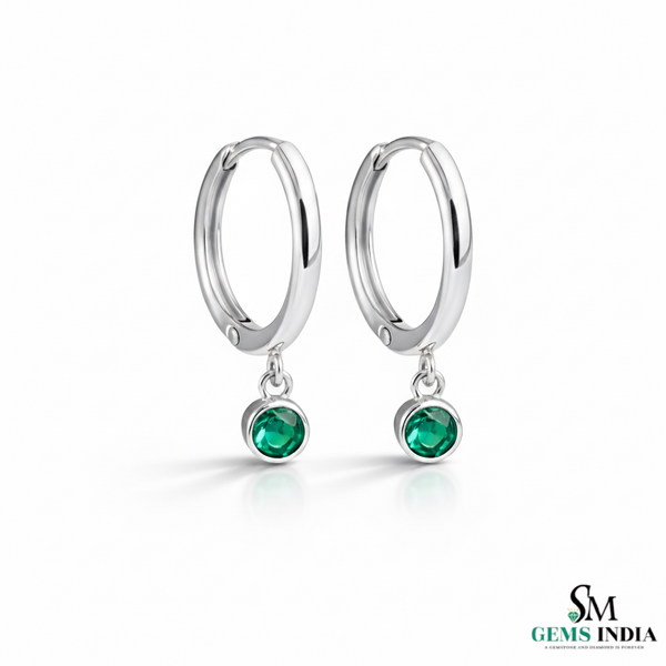 Emerald Drop Hoop Earrings in Gold – Round Emerald Dangle Huggie Earrings
