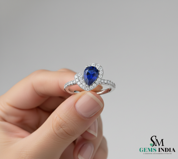 Pear Shape Blue Sapphire Diamond Ring with Heart Halo - Promise Ring