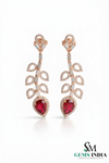 Pear Cut Ruby & Diamond Leaf Drop Earrings - Elegant Ruby Dangle Statement Earrings for Women