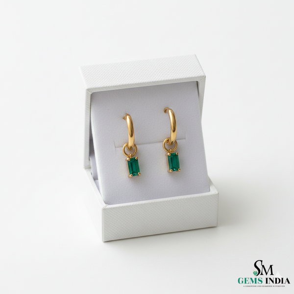 Emerald Cut Emerald Drop Hoop Earrings in Gold – Dainty Emerald Huggie Earrings