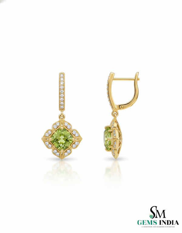 Cushion Cut Natural Peridot Diamond Dangle Earrings - Bridal gemstone earrings