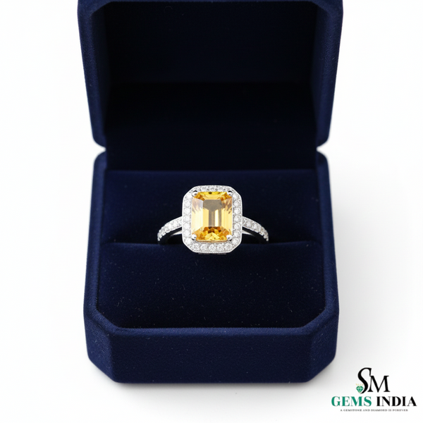 Elegant Emerald Cut Citrine Halo Ring for Women - November birthstone ring