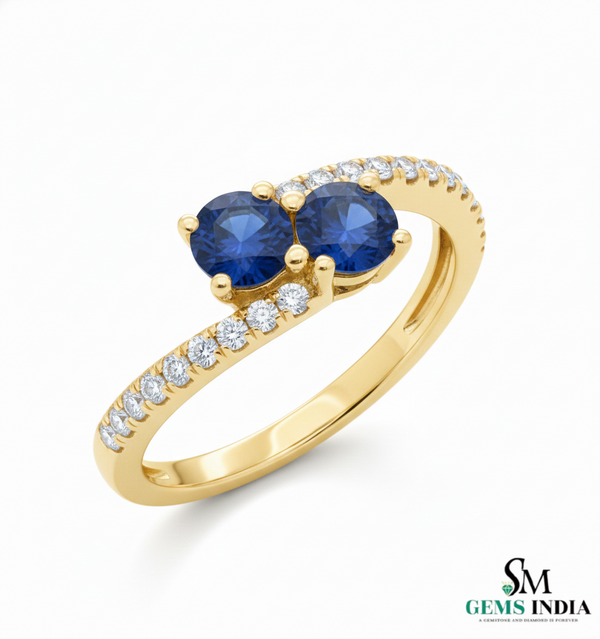 Round Cut Blue Sapphire & Diamond Two Stone Ring - Toi et moi Ring