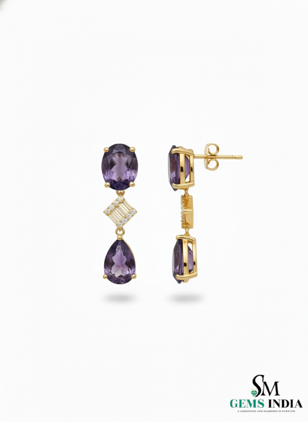 Elegant Oval and Pear Amethyst Drop Earrings with Baguette Diamond Accents