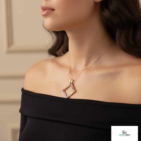 Rainbow Square Pendant in 18k Gold Multicolor Gemstone Charm