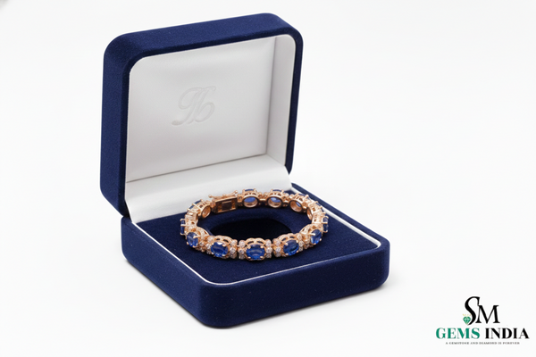 Classic Oval Blue Sapphire Bracelet with Diamond-Style Halo - Statement Jewelry