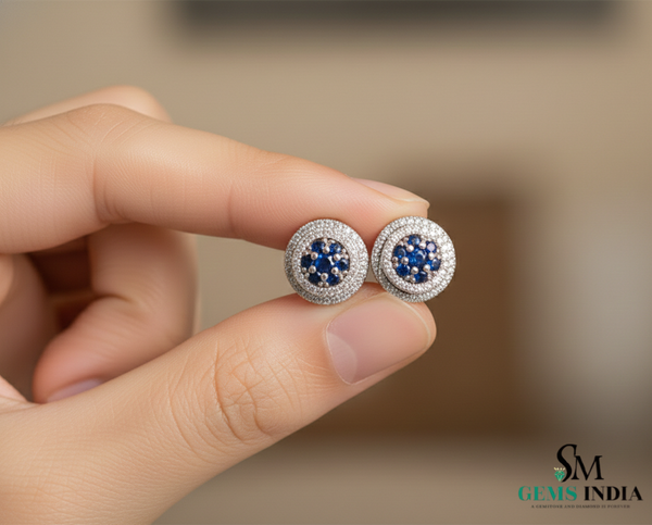 Round Blue Sapphire & Diamond Cluster Stud Earrings in 18k Gold – Vintage Halo Style