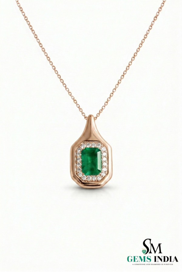 Emerald Cut Green Emerald Diamond Cluster Pendant for Women