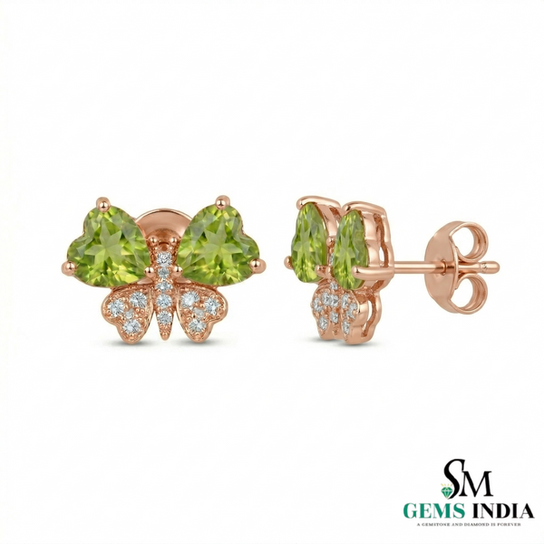 Green Peridot Heart Shape Earrings with Diamond Accent – Elegant Stud Earrings