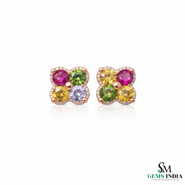 Rainbow Sapphire & Diamond Clover Stud Earrings - Fine Gemstone Jewelry