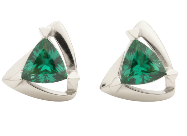 Trillion Cut Triangle shape Natural Emerald Stud Earrings in 14k gold Bold Geometric Earrings