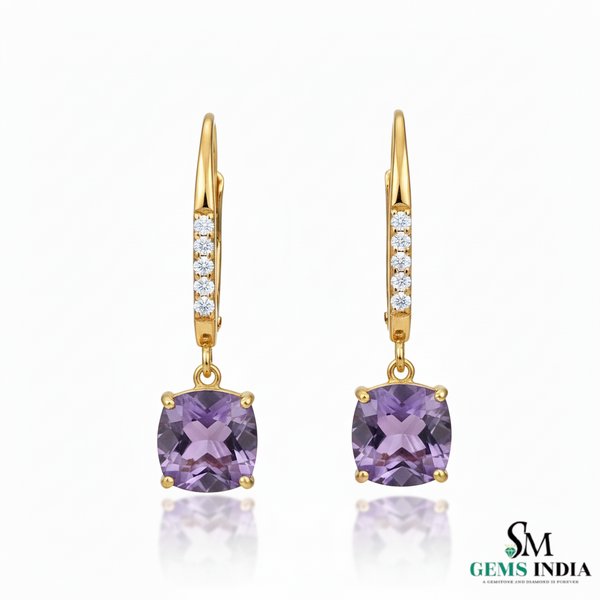 Cushion Cut Amethyst Drop Earrings with Diamond Leverback
