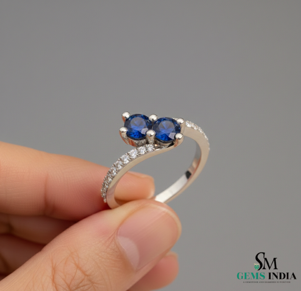 Round Cut Blue Sapphire & Diamond Two Stone Ring - Toi et moi Ring