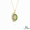 Round Natural Emerald; Diamond Spiral Flower Pendant in 18K Gold