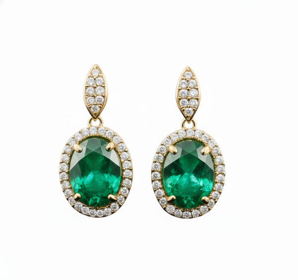 Vintage-Inspired Oval shape Natural Emerald Diamond Halo Earrings
