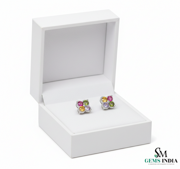 Rainbow Sapphire & Diamond Clover Stud Earrings - Fine Gemstone Jewelry
