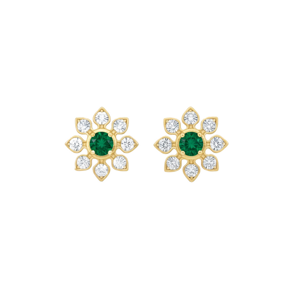 1.60 carat Daisy Flower Stud Earrings in Gold with Natural Emerald-Green Stone