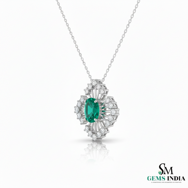 Radiant Oval Natural Emerald & Diamond Sunburst Pendant Diamond Burst Design
