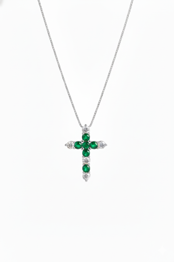 Elegant Emerald and Diamond Faith Cross Pendant for Women Symbolic Fine Jewelry Gift