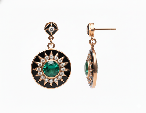 1.10 carat Black Enamel Natural Emerald Earrings 14k Gold Diamond May Birthstone