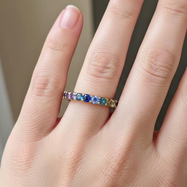 0.60 carat Rainbow Multi Sapphires Round Stone Band Ring Dainty Gold Eternity Band