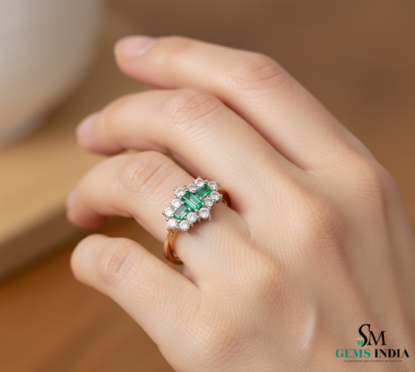 Three Stone Emerald and Diamond Cluster Ring – Fine Gold Jewelry