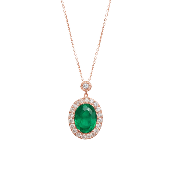Green Gemstone Emerald and Diamond Halo Necklace 4.20 carat Oval Cut Gold Design