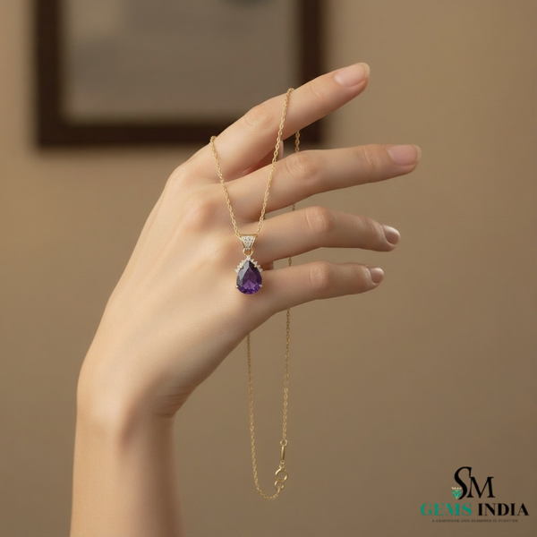 Luxury Pear Cut Amethyst Pendant with Diamond Halo in 18k gold