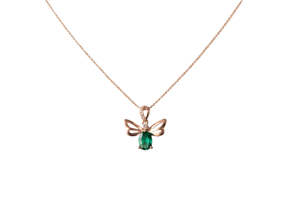Oval Natural Emerald Angel Pendant in 14K Gold Green Gemstone Fairy Wing May Birthstone Gift for Her