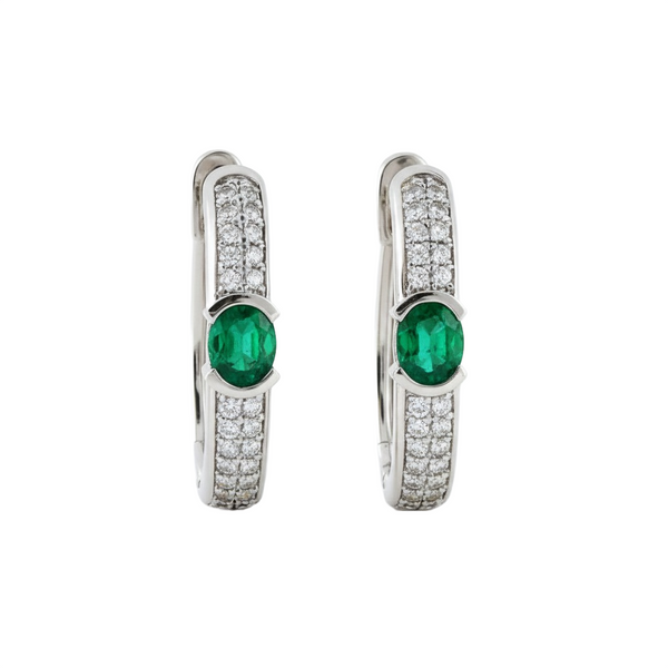 Oval Natural Emerald & Diamond Huggie Hoop Earrings in 14k and 18k Gold