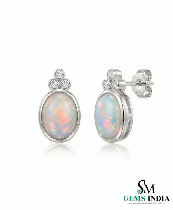 Oval Opal & Diamond Stud Earrings Elegant October Birthstone Opal Earrings for Women