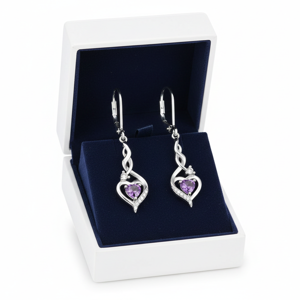 Elegant Heart-Shaped Amethyst Drop Earrings With Diamond