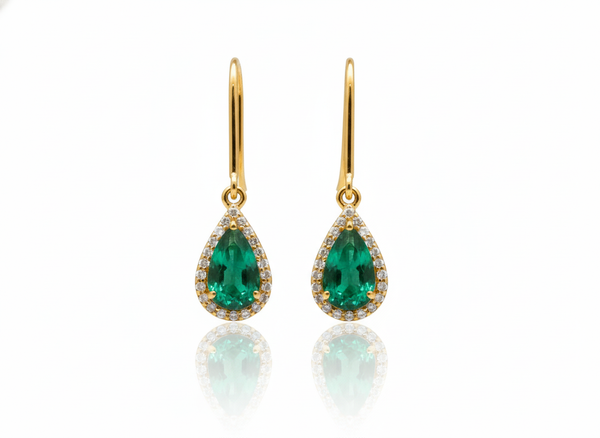 Luxurious 6 carat Pear shape Natural Emerald and Diamond Teardrop DangleEarrings in 14K Gold