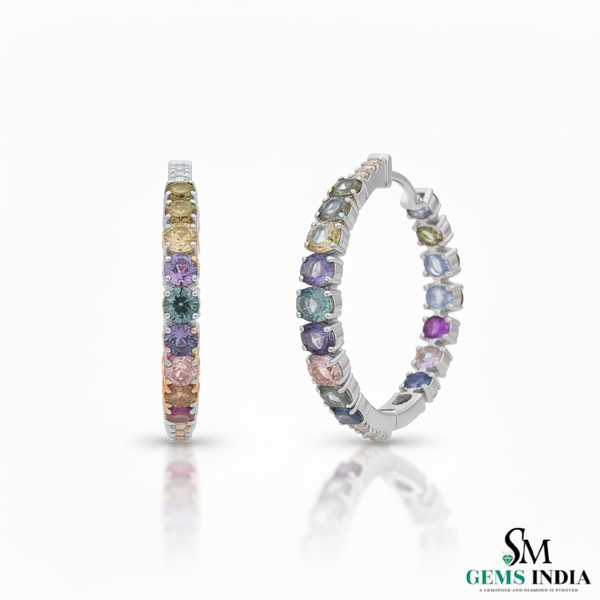 Oval and Round Gemstone Rainbow Hoop Earrings Vibrant Multicolor Hoops