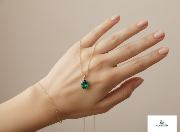 Oval shape Natural Emerald Pendant Necklace in 14k Solid Gold May Birthstone