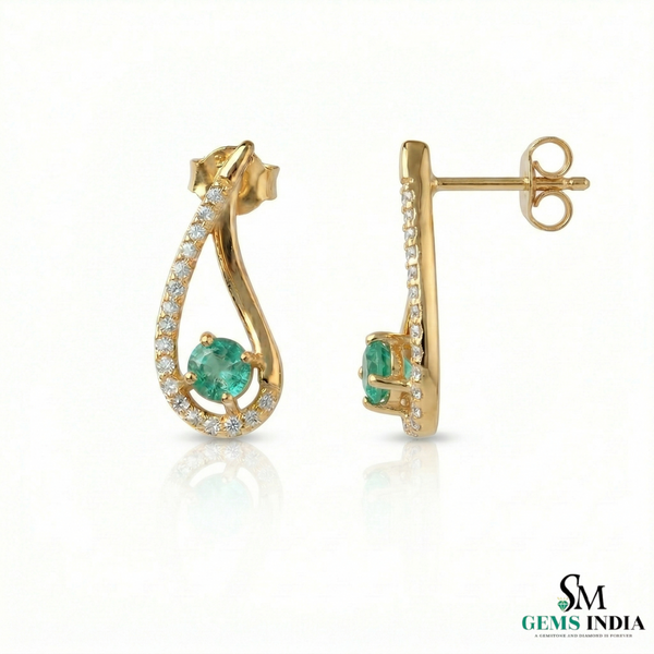 Natural Emerald Tear Drop Stud Earrings with Diamond Accents