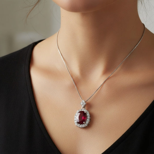 Oval Cut Ruby & Diamond Halo Pendant in 14K Gold