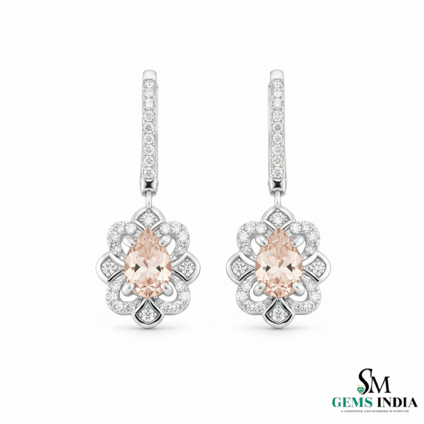 Floral Morganite Diamond Drop Earrings - Luxury Gemstone Earrings