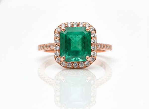 Emerald Cut Natural Emerald & Diamond Halo Promise Ring in 14K Gold 4.20 Carats Fine Jewelry