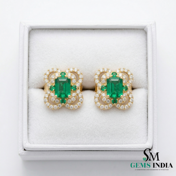 Designer Emerald cut Emerald and Round Emerald& Diamond Statement Stud Earrings