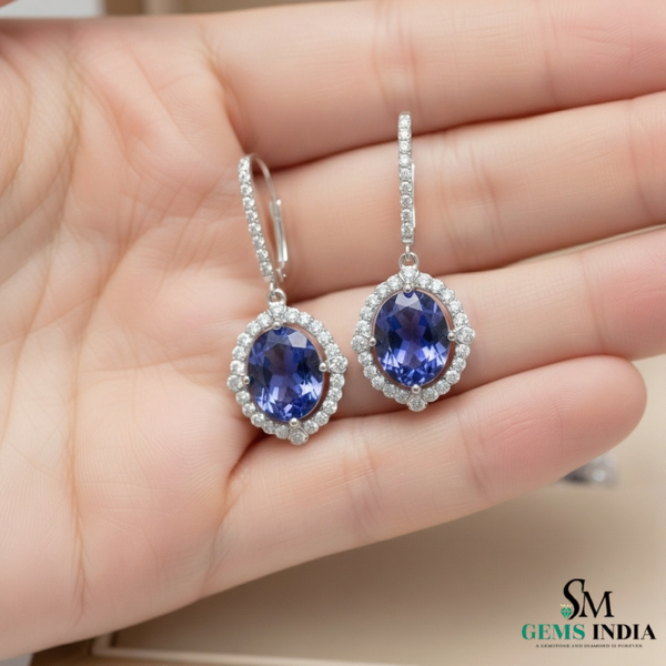 Elegant Oval Blue Tanzanite Diamond Halo Earrings - Fine Gemstone Jewelry