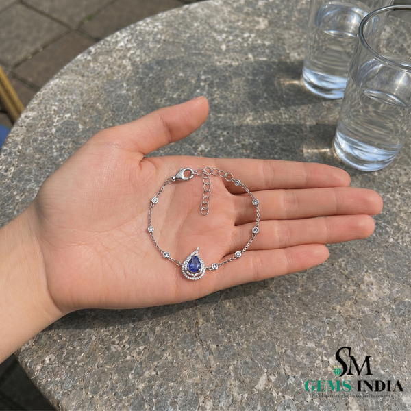 Natural Pear Tanzanite Bracelet with Diamond Halo Fine - Jewelry Gift for Her