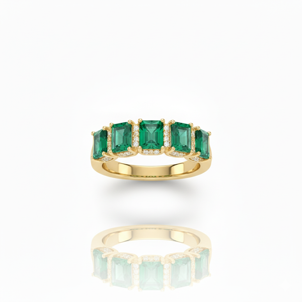 Elegant Five Emerald Cut Natural Emerald Gemstone Ring with Diamond Accents