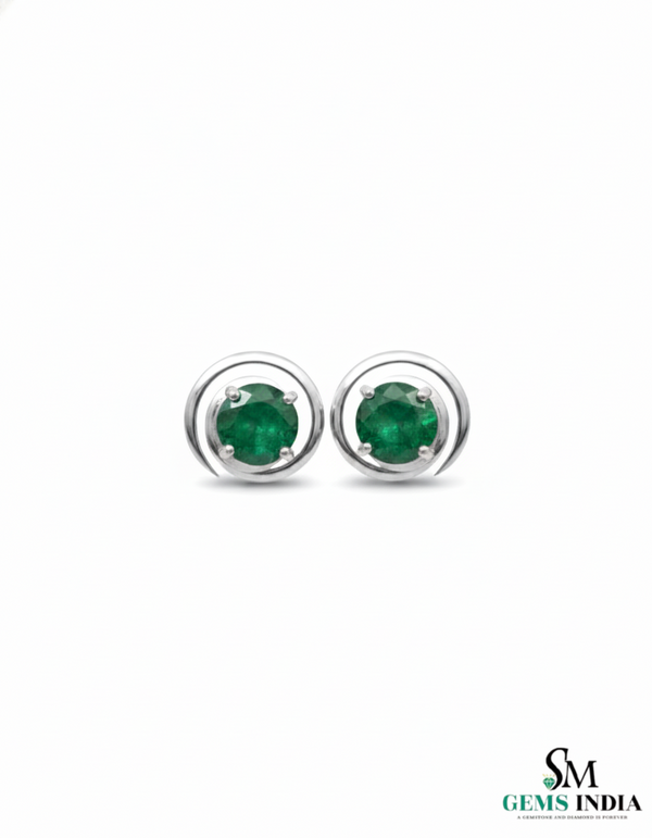 Natural Emerald Stud Earrings – Round Emerald Minimal Swirl Design