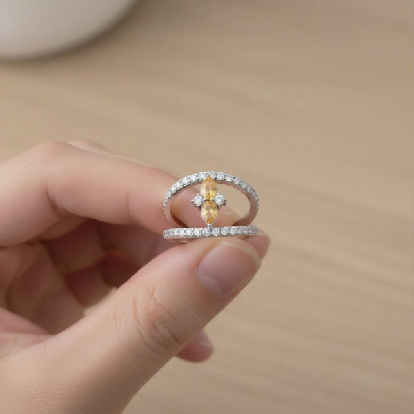 Pear Cut Citrine & Diamond Open Band Ring in 14k Gold - Statement Ring