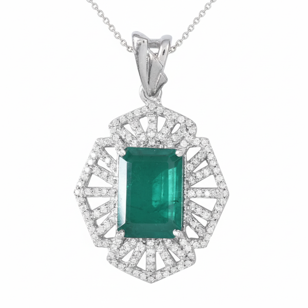 4.90 carat Elegant Art Deco Emerald cut Natural Emerald with Dazzling Diamond Border Pendant